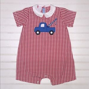 Red Gingham Tow Truck Romper with White Collar - Unbranded